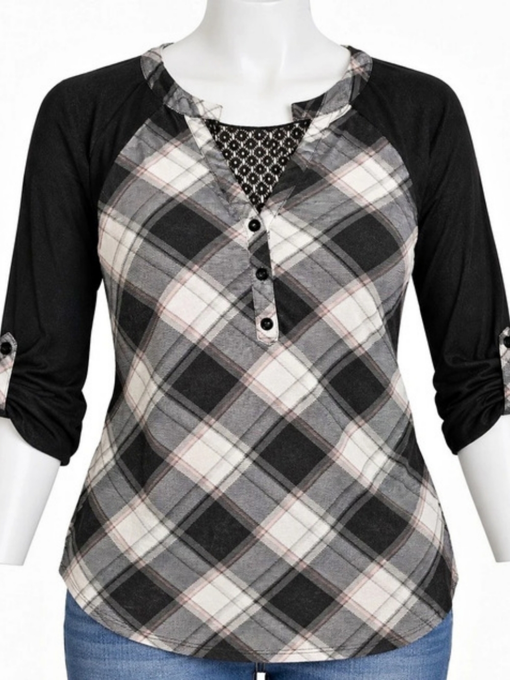 Go Couture Women’s L Plaid Tunic Top Black Gray Lace Back Roll Tab Sleeve